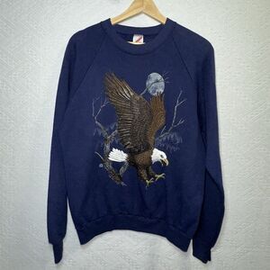 Vintage 1990s Jerzees Bald Eagle Sz Large Graphic Sweatshirt Blue-Americana USA‎